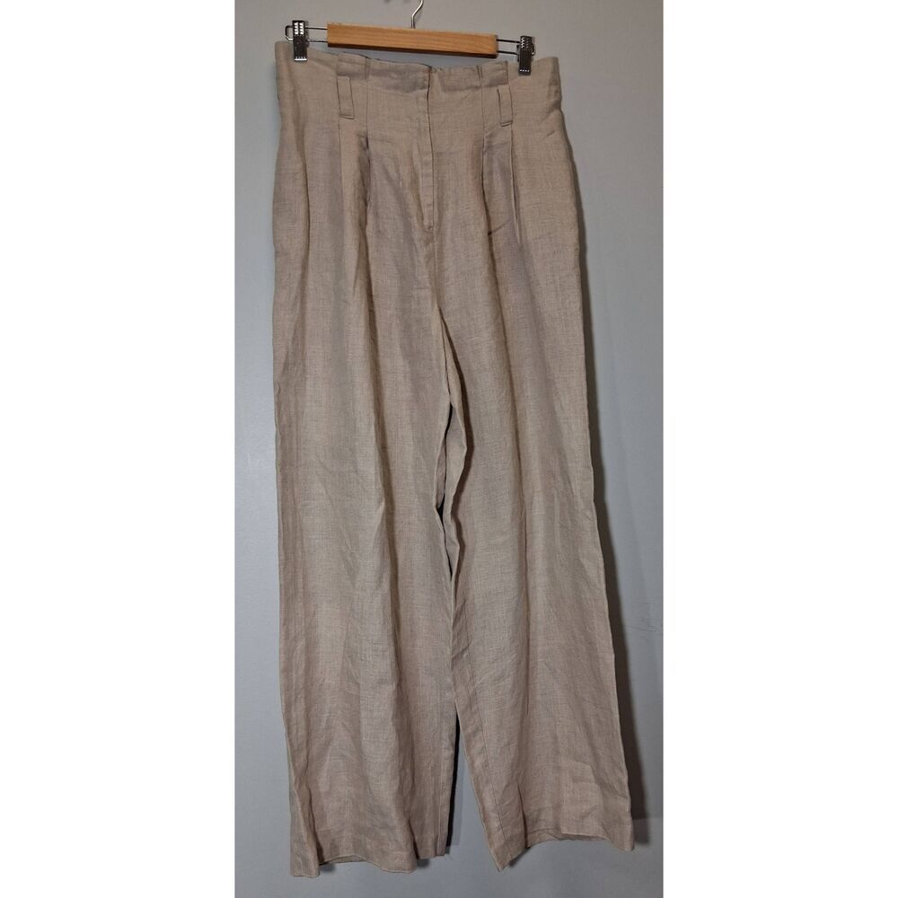 River island womens size 12 hi rise wide leg pants tan beige 100% linen